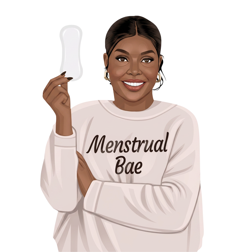 Menstrual Bae — a smiling woman in a cream sweatshirt